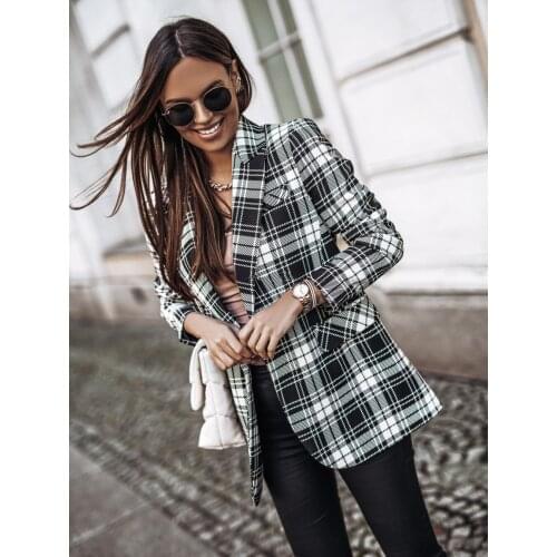 2021 Autumn Plaid Women Blazer Coat Single Breasted Pocket Long Sleeve Female New Blazers Office Casual Ladies Outerwear