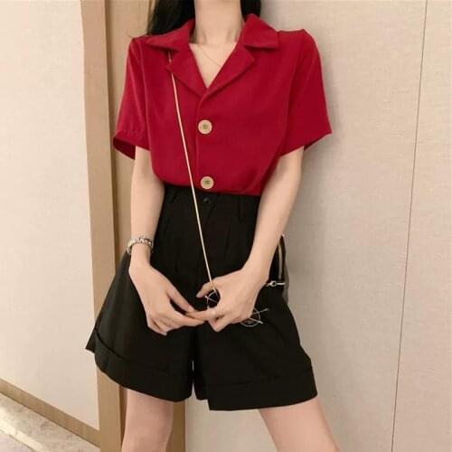 Women 2021 Summer Fashion Suit Ladies Notched Collar Casual Blouse Tops + High Waist Wide Leg Shorts Elegant Two Pieces Set R149