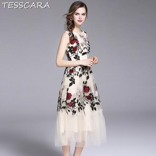 TESSCARA Women Summer Elegant Floral Embroidery Dress Festa Female Designer Long Party Vestidos Vintage Retro Office Robe Femme