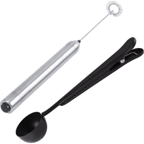 1 Pcs Milk Frother Electric Milk Frother Milk Steamer & 2 Pcs Coffee Measuring Spoon with Bag Seal Clip-Titanium Black