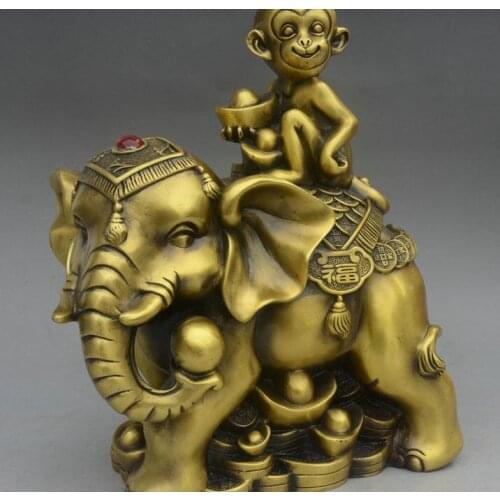 12" Chinese Bronze Fengshui Zodiac Year Monkey Ride Elephant Yuanbao Coin Statue