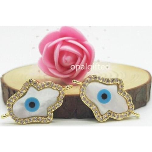 2pcs/lot)Mother of Pearl with Cubic Zircons CZ Gold Color Bezel Evil Eye Pearl Hamsa with cz /Marquise /round eyes for bracelet