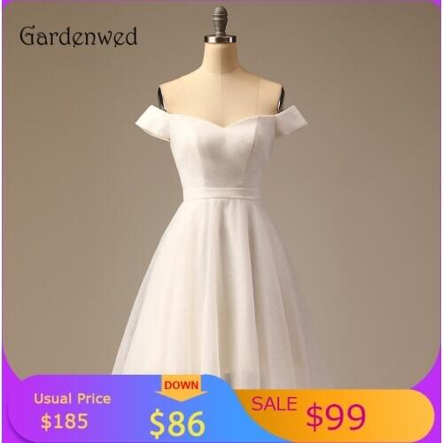 2020 Glitter Lace Short Wedding Dresses Simple Off Shoulder Knee-length A Line Bridal Gowns