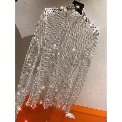 High quality Women Colorful Diamonds full Tops & Tees Runway Luxury European Design party style T-Shirts Womens Clothing