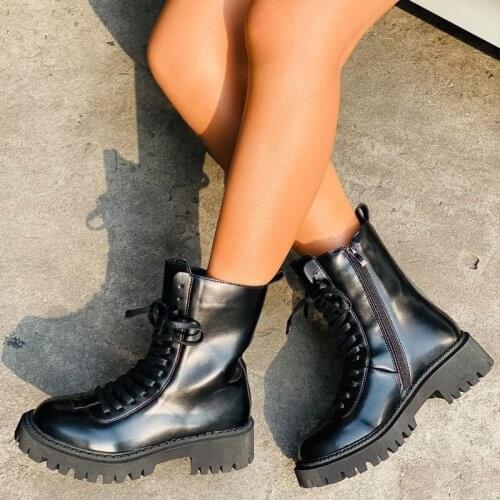 Womens Short Boots Buckle Strap Ladies Vogue Motorcycle Ankle Boots Lace Up Chunky Heels Woman Shoes PU Leather Female Nice