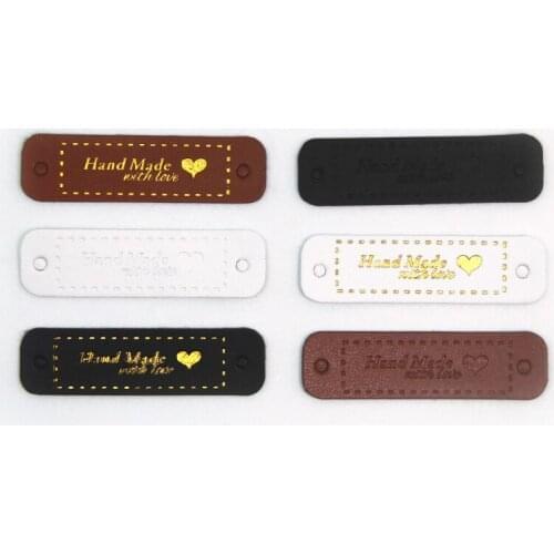 20Pcs Bronzing Labels PU Leather Handmade Hand Made With Love Garment Jeans Bags Hat Sewing Tags DIY Craft For Clothes