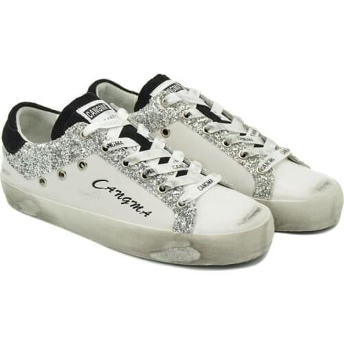 CANGMA Luxury Brand Designer Sneakers Women White Genuine Leather Footwear Ladies Shoes Suede Silver Glitter Flat Shoes
