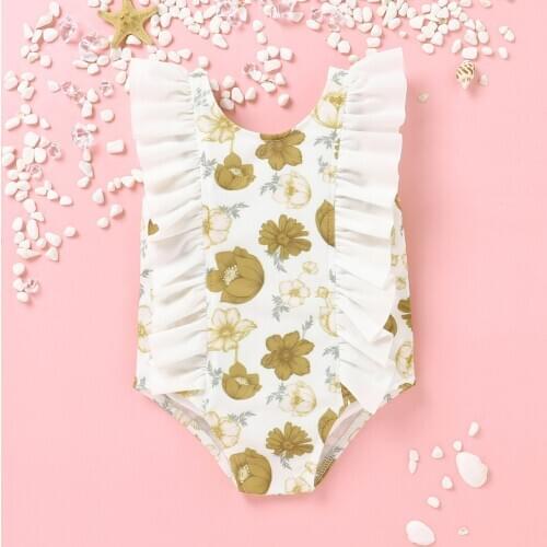 Baby Girl’s Sweet Flower Printing One-Piece Swimsuit Fashion Flounce Sleeveless Triangle Swimsuit Bodysuit