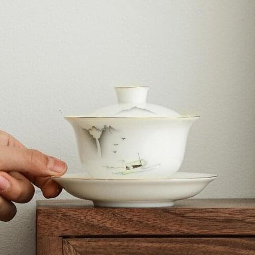 Suet Jade Dehua White Porcelain Sancai Cover Bowl Single Non Hot Gaiwan Tea Cup Kungfu Tea Set Tea Bowl