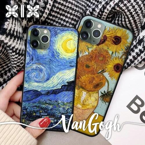 XIX Soft Silicone Luxury Case for iPhone 12 Pro Max 7 8 Plus X XS XR 11 mini Van Gogh Sunflower Design Black Thin Back Cover