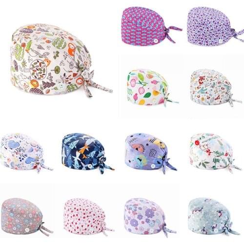 Surgical Cap Buckle Nurse Doctor Hat Pure Cotton Floral Baotou Cap Fashion Nursing Hat Warm Cap Working Cap Buckle Baotou Cap