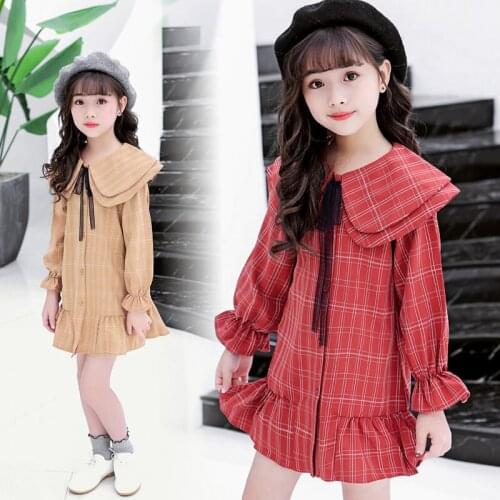 Girls Cotton Long Flare Sleeve Fall Dress Princess Double Peter Pan Collar Plaid Preppy Dress Spanish Baby School Girl Clothes