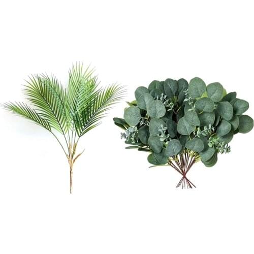 1 Pcs Artificial Palm Leaf Plants Tree Branch & 20 Pcs Artificial Silver Dollar Greenery Stems Silk Eucalyptus Leaves