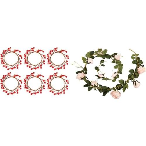 180cm Artificial Rose Flower Vine Wedding Real Press Silk Flowers with 6Pcs Candle Rings for Pillars,Small Wreaths