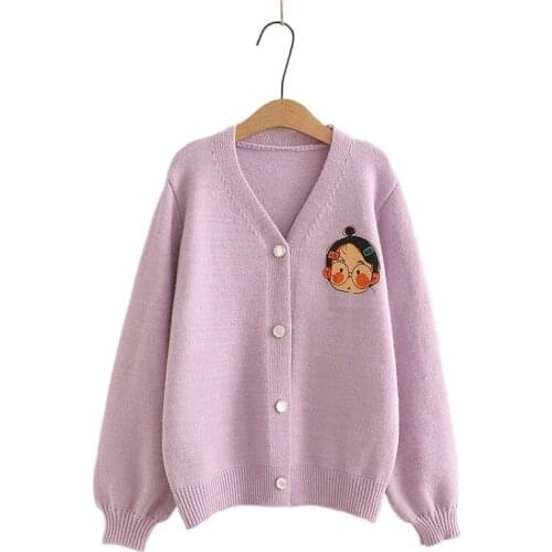Cartoon Print Chic Single-breasted Knitted Women Cardigan 2021 Winter Warm Coat Full Sleeve Korean Female Basic Soft Knitwear