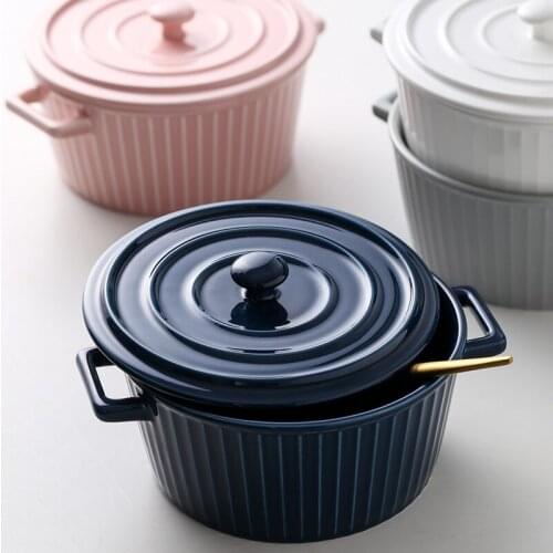 Creative Large Ceramic Bowl With Lid Ceramic Bowl Kitchen Aid Binaural Heat-Resistant Ceramic Bowl Set Household Tableware