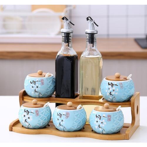 Kitchen Seasoning Tank glass drawer type Salt tank bamboo rack Box Ceramic oil bottle storage ceramic jar canisters