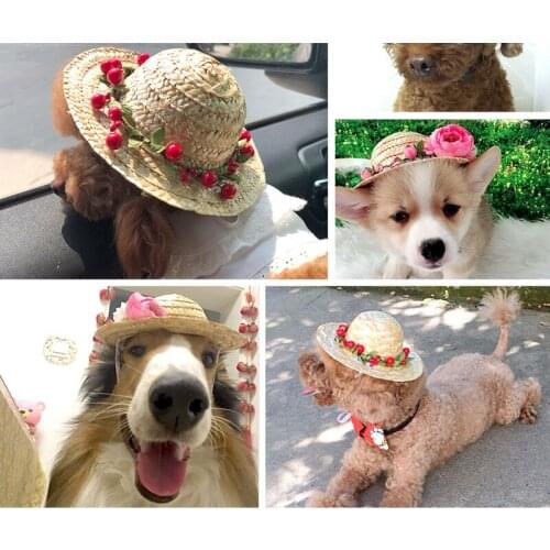 Summer Pet Dog Straw Hat Puppy Cat Hawaii Style Straw Sombrero Kitten Flower Hats Sun Cap Pet Outdoor Accessories