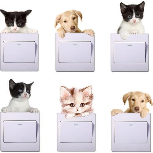 Cute Dog Cat Switch Stickers For Kids Room Bedroom Home Decoration Kitten Puppy 3d Animal Wall Mural Art Diy Decorative Decals
