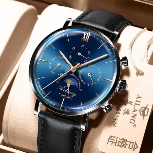 New Automatic Mechanical Stainless Watch Mens Waterproof Wristwatch Calendar Week Sports Fashion Relogio Masculino AILANG 8609