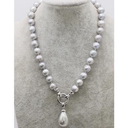 Freshwater pearl gray 11-12mm near round and shell drop necklace 18inch FPPJ wholesale beads amazing