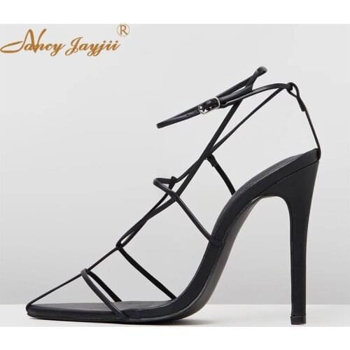 Women Sandals Ankle-Wrap Buckle Strap Black Solid Super High Thin Heels Office&Career Party Mature Concise Ladies Basic Leisure