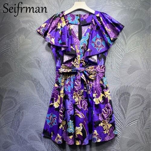 Seifrmann New 2021 Summer Women Fashion Designer Cotton Dress Sexy V-Neck Ruffles Bow Sashes Print Ladies Midi A-Line Dresses