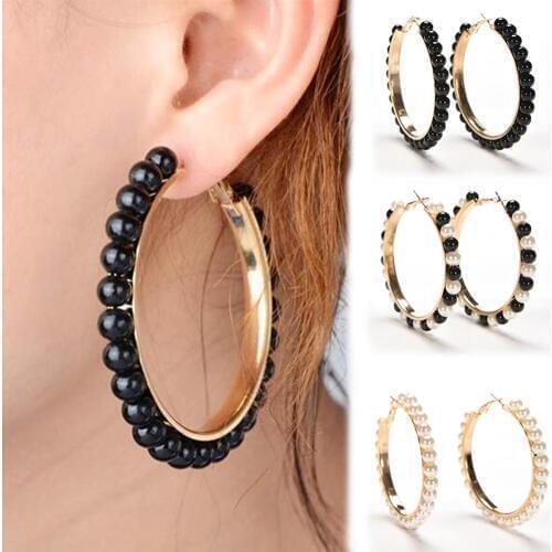 Fashion Women Faux Pearl Inlaid Large Circle Statement Hoop Earrings Jewelry New Chic