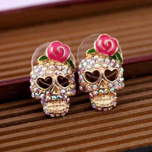New fashion personality earrings pop exaggerated wild color rhinestone skull rose earrings jewelry gift wholesale