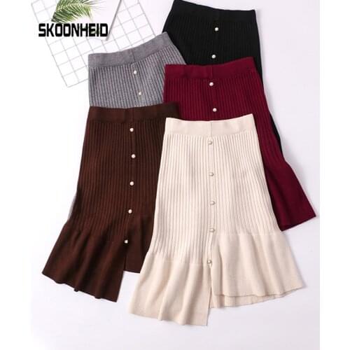 SINGRAIN Winter Women Knitted Skirts Warm sweater Thick Mermaid Skirts Knit Bottoms Autumn Split Knitting trumpet Midi Skirts