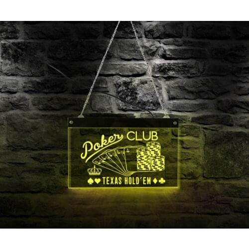 Poker Club Game Room LED Hanging Wall Sign Plaque Texas Hold'em Chips And Poker Gambling Acrylic Board LED Lighting Neon Signage