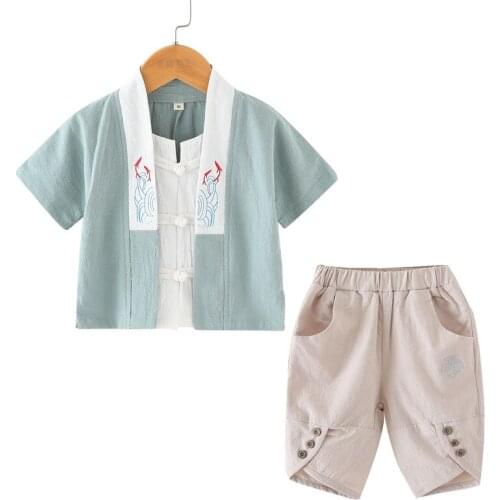 Chinese Style Traditional Kids Boy Retro Hanfu Tang Suit T-shirt Tops Pants Embroidery Children Cotton Linen Clothing Set