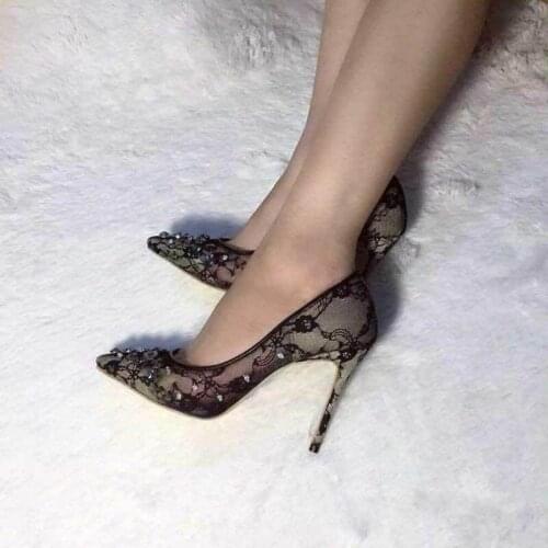Sexy Ladies Summer Black Lace Rhinestone Embellished Pumps Pointed Toe Female Beads Wedding Stilettos Slip on High Heels Woman
