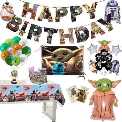 Disney Baby YOda Theme Party Decoration Star Wars Disposable Tableware Balloons Birthday Banner Cake Topper Baby Shower Supplies