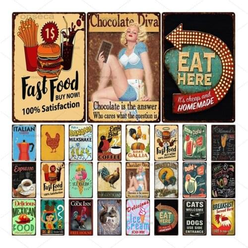 Vintage Coffee Fast Food Sign Tin Painting Animals Metal Sign Coffee Shop Background Wall Decoration Farm Yard Metal Signs