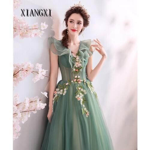 XIANGXI Green Evening Dresses Long V-Neck Sleeveless Lace Appliques Floor Length Formal Party Gowns Vestidos De Festa Longo
