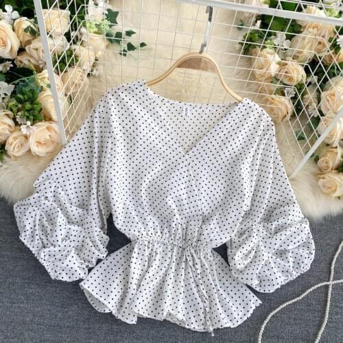 Spring Autumn Womens Blouse New Retro Polka Dot V-neck Lantern Sleeve Tops Korea Thin and All-match Ruffled Chiffon Top LL154