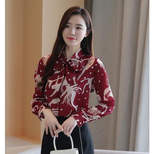 Vintage Shirt Women Fashion Long Sleeve Ladies Shirt Printed Bow Chiffon Blouses Blusa Feminina 2020