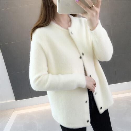 2021 Women Autumn Winter Imitation Mink Cashmere Knit Cardigan Lady Loose Oversize Coat Female Casual Short Warm Outerwear C122