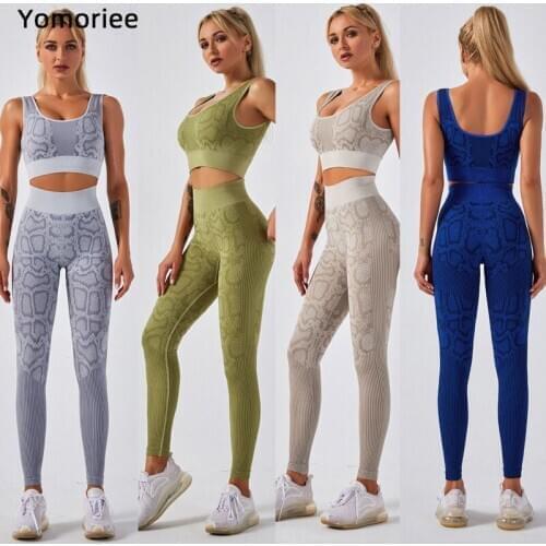 Ins Sports Seamless Fitness Snake Pattern Bra And Pants Suit For Women Gym Running Top Peach Butt Leggings Tights Set Yomoriee
