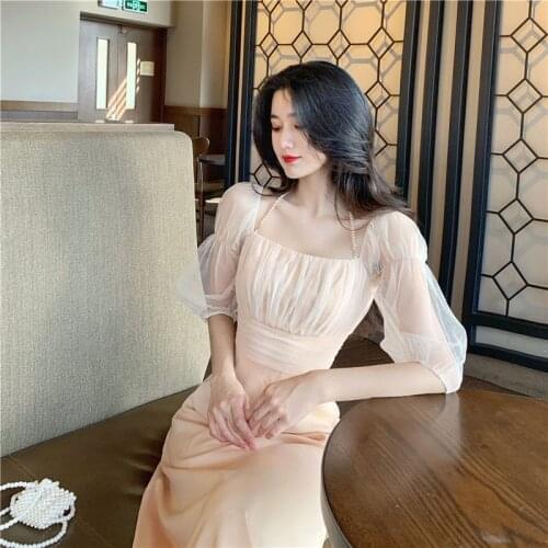 Women Dress A-Line High Waist Square Collar Slim Mesh Pink Vintage Dress Evening Night Party Elegant Midi Dress vestidos 2021