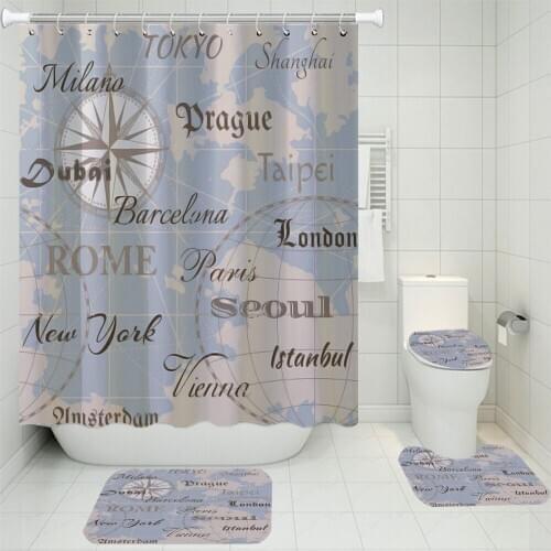 3/4 Pieces Compass Shower Curtains Sets Circle World Map Bathroom Set 3D Print U-shaped Pad Shaped Toilet Lid Cover Bath Sets