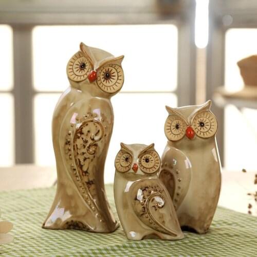 3Pcs Set Ceramics Owl Figurines Nighthawk Ornaments Creative Animal Miniatures Home Decoration Accessories Office Desktop Decor