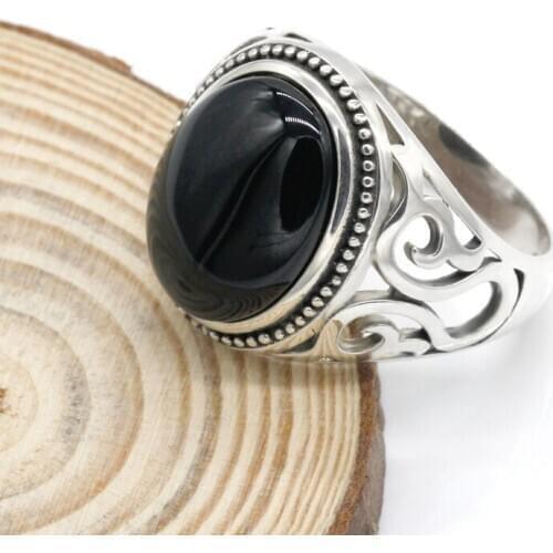 925 Sterling Silver Mens Ring Black Onyx Stone with Clear CZ Mens Punk Ring High Jewelry