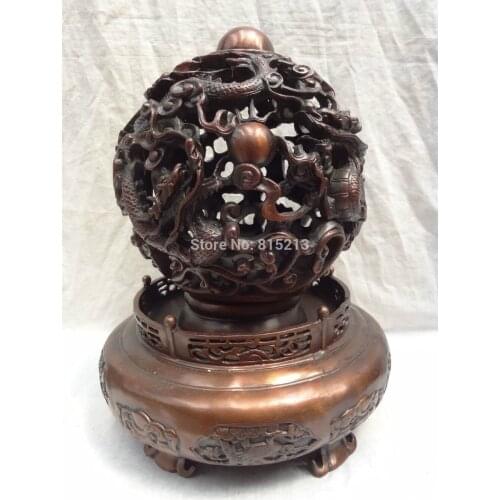 Bi00959 13" China Pure Bronze Buddhism FengShui Dragon Head Statue Deer Revolves Ball