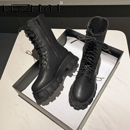 WGZNYN 2021 Black PU Leather Ankle Boots Women Autumn Winter Round Toe Lace Up Shoes Woman Fashion Motorcycle Platform Botas