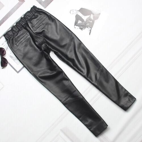 2020 New Real Leather Pants Women Elastic Waist Slim Genuine Lambskin Trousers Female Autumn Lady High Quality Harem Pencil Pant