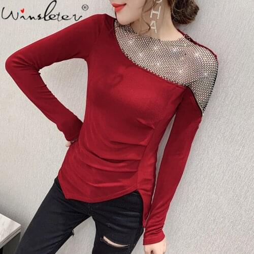 Spring Fall Korean Style T-Shirt Fashion Sexy Irregularity Drape Zipper Shiny Diamonds Patchwork Tops Ropa Mujer Tees T00908A
