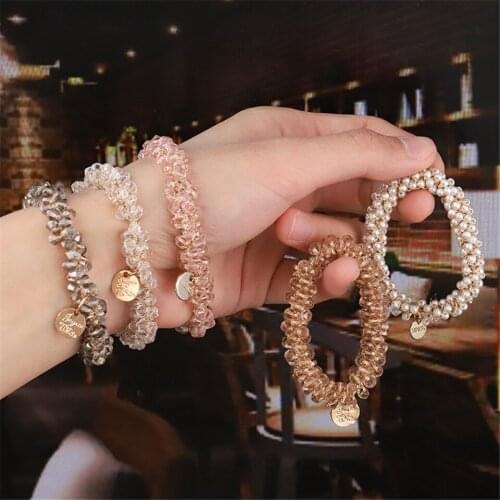 Korean Stylish Wholesale Women Fashion Hair Jewelry Elegant Elastic Pearl Hair Rope Girls Headdress Vintage Pendant Hair Rings
