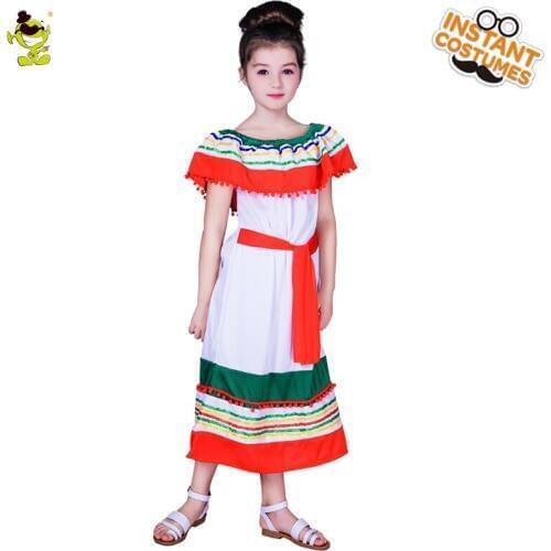 Girls Summer Dress Off-shoulder Rainbow Mexican Costumes Kids Mexico Girl Decoration Fancy Dress for Carnival Party Shows